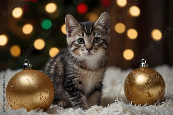 Obraz A kitten wrapped in Christmas string lights glowing softly