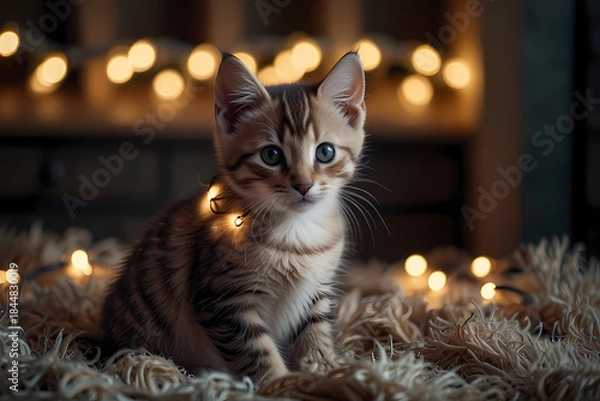 Obraz A kitten wrapped in Christmas string lights glowing softly