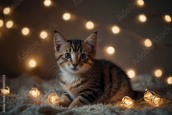 Obraz A kitten wrapped in Christmas string lights glowing softly