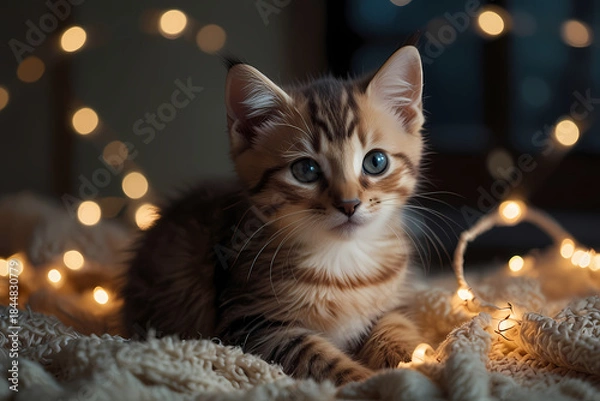 Obraz A kitten wrapped in Christmas string lights glowing softly