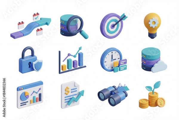 Fototapeta Business analytics 3d icon collection isolated on white background. data research, visualization, statistics, timeline, target and investment. strategy and finance set concept