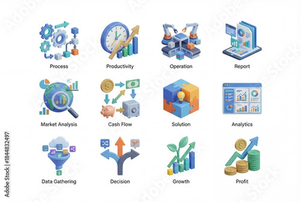 Fototapeta Business analytics 3d icon collection isolated on white background. profit, growth, cash flow, process, market analysis and solution. operation and management set concept