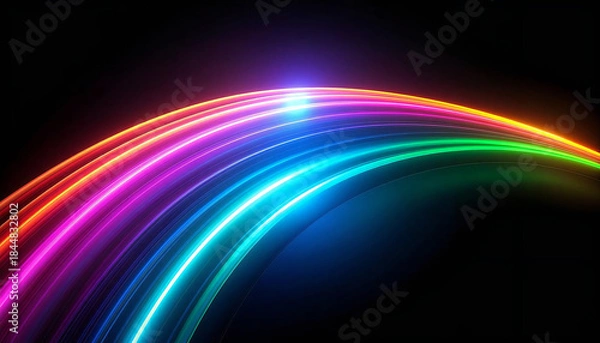 Obraz 虹色の光がアーチ状に流れる抽象ライン背景。Abstract line background with rainbow colored light arcing.