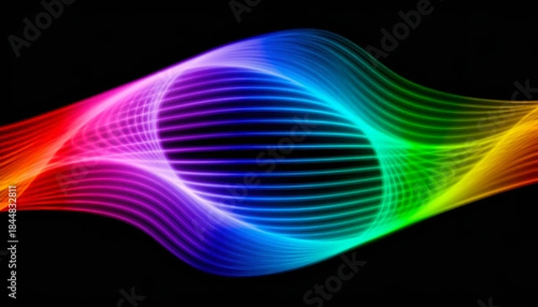 Obraz 虹色の光がアーチ状に流れる抽象ライン背景。Abstract line background with rainbow colored light arcing.