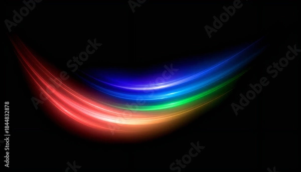 Obraz 虹色の光がアーチ状に流れる抽象ライン背景。Abstract line background with rainbow colored light arcing.