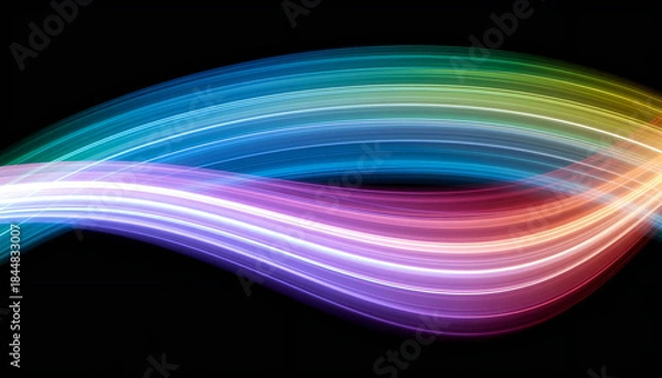 Obraz 虹色の光がアーチ状に流れる抽象ライン背景。Abstract line background with rainbow colored light arcing.