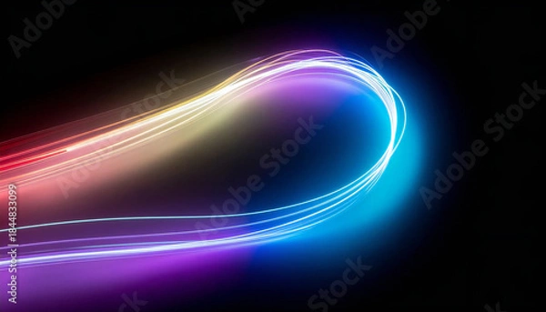 Obraz 虹色の光がアーチ状に流れる抽象ライン背景。Abstract line background with rainbow colored light arcing.
