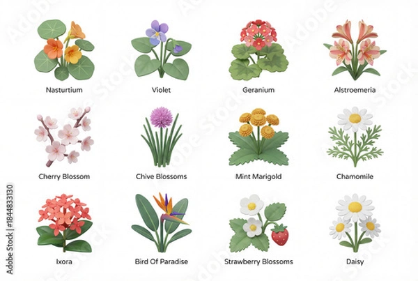 Fototapeta 3D Isometric flowers illustration icon pack isolated on white background, nasturtium, violet, geranium, cherry blossom, chamomile, ixora, and daisy set