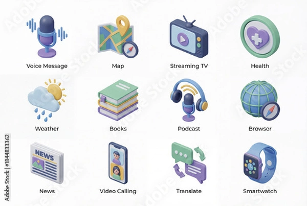 Fototapeta Digital lifestyle 3d icon collection isolated on white background. voice message, streaming tv, podcast, browser, news and smartwatch. media and communication set concept
