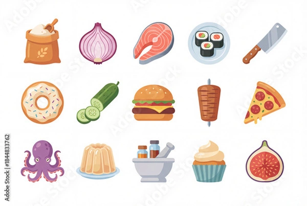 Fototapeta Flat gastronomy illustration icon pack isolated on white background, flour, onion, salmon, sushi, doughnut, cucumber, hamburger, pizza, and fig set