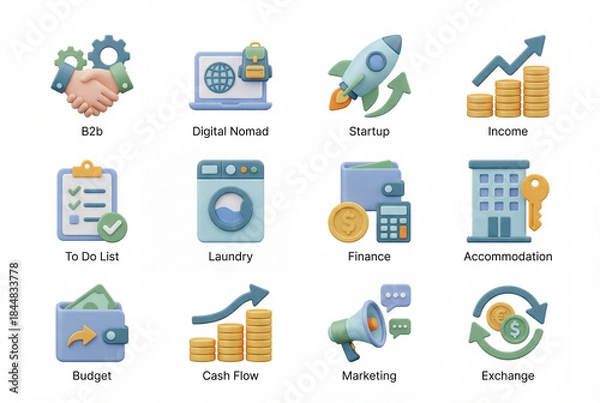 Fototapeta Digital nomad 3d icon collection isolated on white background. income, finance, budget, startup, accommodation and marketing. remote work and lifestyle set concept