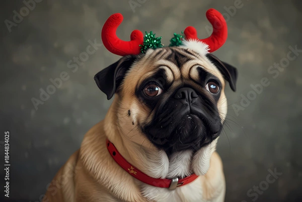 Obraz A pug with a reindeer headband and Red collar
