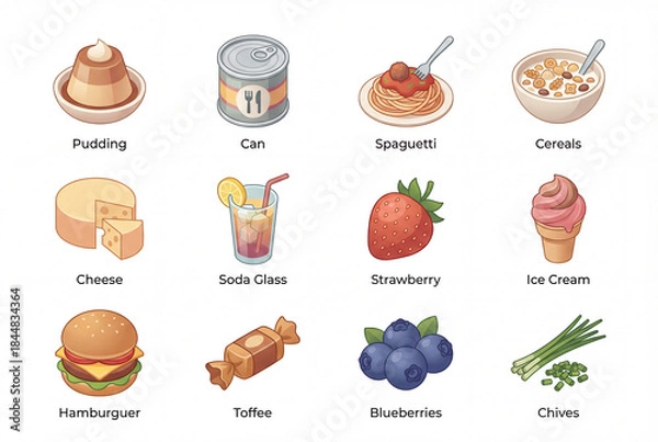 Fototapeta Isometric gastronomy illustration icon pack isolated on white background, 3d pudding, can, spaghetti, cereals, cheese, strawberry, ice cream, and hamburger set
