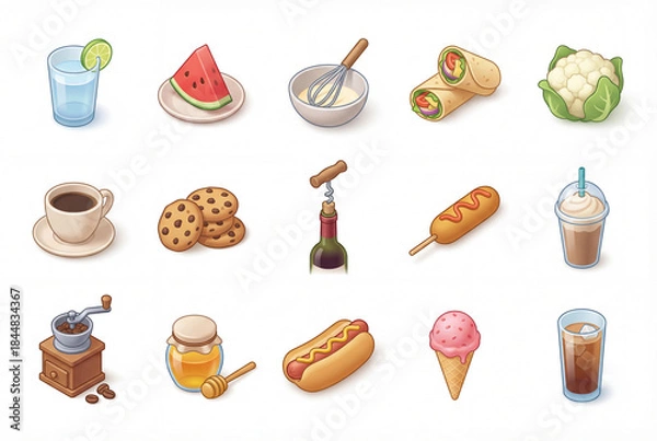 Fototapeta Isometric gastronomy illustration icon pack isolated on white, 3d watermelon, whisk, wrap, corndog, frappe, coffee grinder, honey, hot dog, and ice cream set