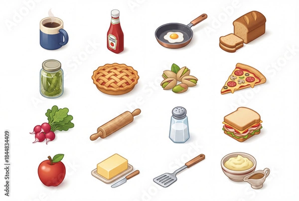 Fototapeta Isometric gastronomy illustration icon pack isolated on white background, 3d mug, ketchup, pan, bread, pickles, pie, pistachio, pizza, and sandwich set