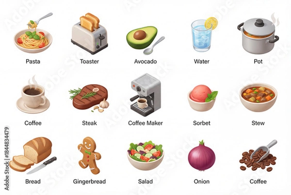 Fototapeta Isometric gastronomy illustration icon pack isolated on white background, 3d pasta, toaster, avocado, coffee, steak, stew, bread, and gingerbread set