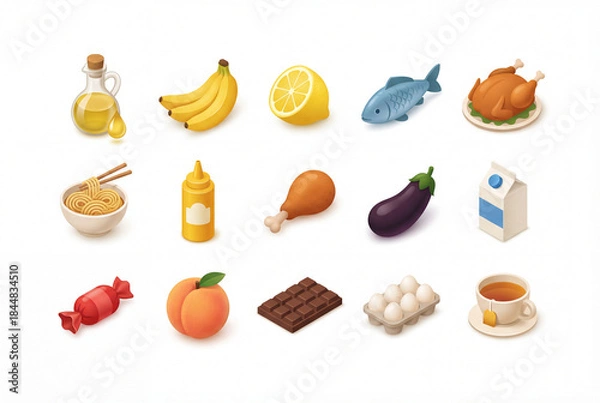 Fototapeta Isometric gastronomy illustration icon pack isolated on white background, 3d oil, banana, lemon, fish, turkey, noodles, mustard, chicken, milk, and chocolate set