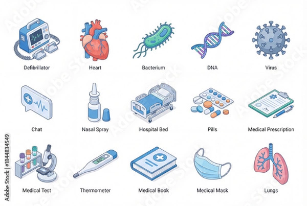 Fototapeta Isometric medical illustration icon pack isolated on white background, 3d defibrillator, heart, bacterium, DNA, virus, hospital bed, pills, and lungs set