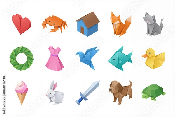 Fototapeta Origami isometric illustration icon pack isolated on white background, 3d paper folded heart, crab, house, fox, cat, wreath, dress, bird, fish, duck, rabbit, sword and dog set