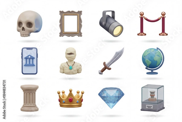 Fototapeta Museum 3d icon collection isolated on white background. skull, mummy, column, sword, crown and world map. history and ancient exhibition set concept