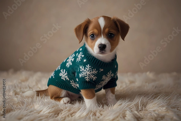 Obraz A puppy wearing a tiny Christmas sweater with snowflake patterns