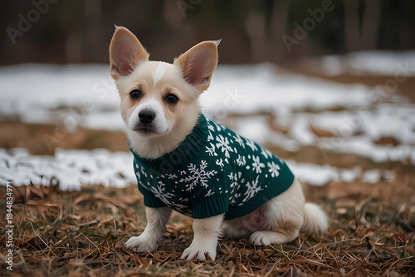 Obraz A puppy wearing a tiny Christmas sweater with snowflake patterns