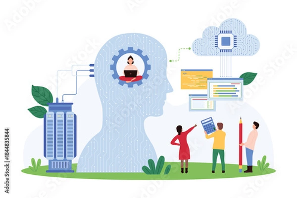 Obraz Big data research using AI assistant and cloud storage, machine learning. Tiny people work with virtual assistant inside human head to process information and knowledge, cartoon vector illustration