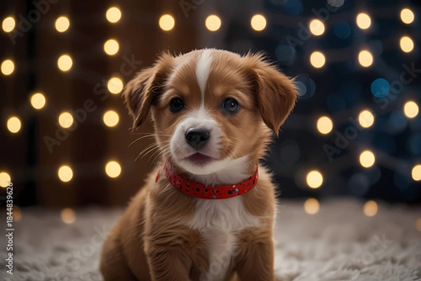 Obraz A small puppy with holiday bokeh lights behind it