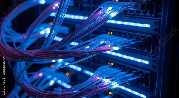 Obraz Network server cables illuminated with blue lights in data center  