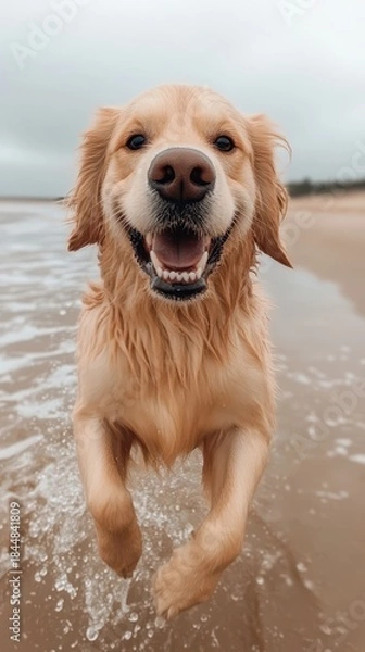 Fototapeta A dog is jumping in the air and splashing water. The dog is happy and enjoying the water
