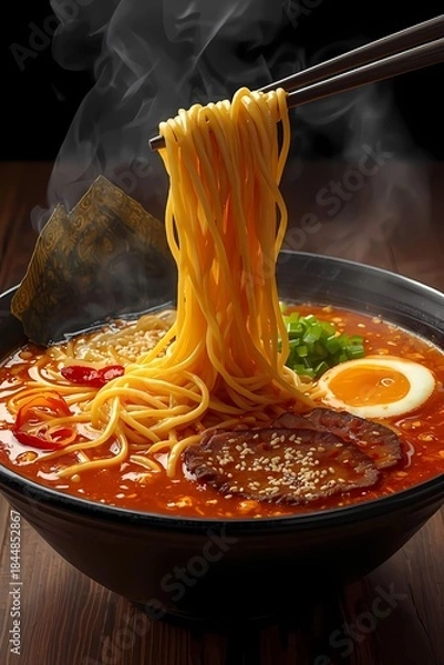 Obraz chicken noodle or ramen with hot chili sauce