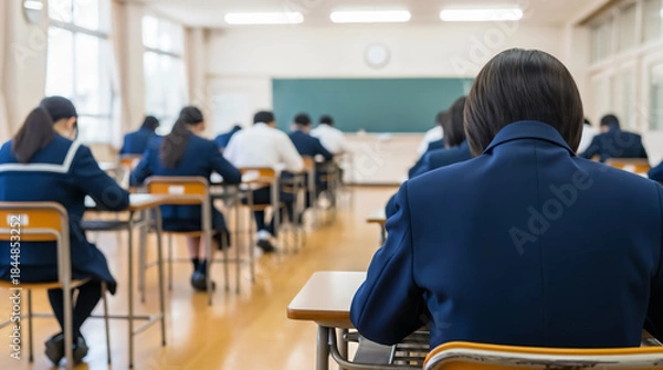 Obraz High School Entrance Exam Scene – Uniformed Students Focusing on the Test