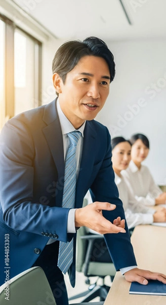 Obraz Japanese Businessman Passionately Presenting a Plan in a Company Meeting