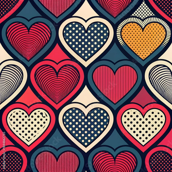 Fototapeta Bold graphic Valentine’s Day seamless pattern with oversized hearts, strong contrast colors, modern pop art style