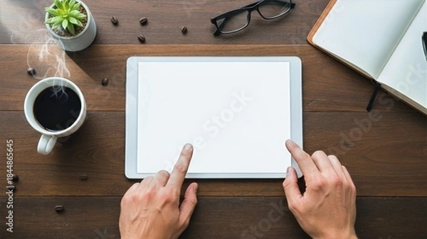 Fototapeta Using Tablet for Work at Desk with Coffee and Glasses