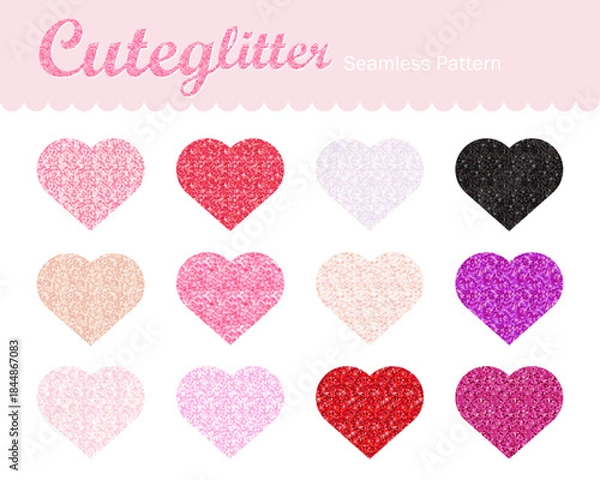 Obraz キュートグリッター シームレスパターン12色セット／ラメ風背景素材 | ベクター スウォッチカラー バレンタイン レトロ キラキラ ハート