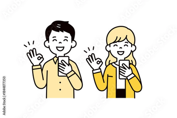 Obraz スマートフォンを持って笑顔でOKサインをする、若い男女・社員・夫婦のベクターイラスト素材