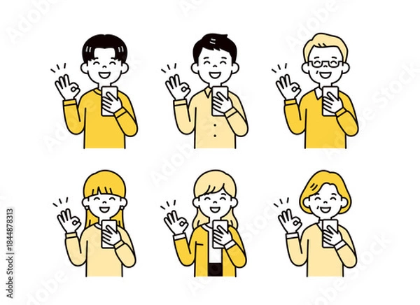 Obraz スマートフォンを持って笑顔でOKサインをする、三世代ファミリーのベクターイラスト素材セット