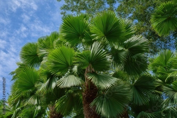 Obraz Palm tree fronds viewed from below against a bright blue sky with wispy clouds