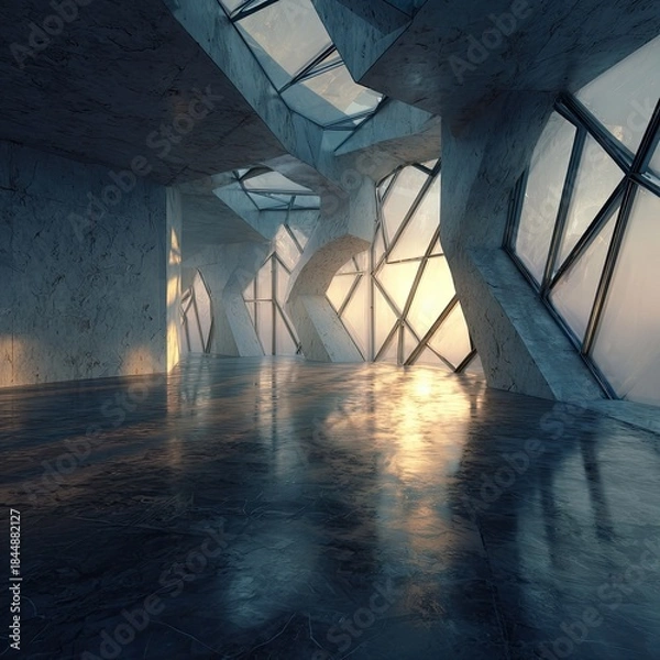 Obraz Spacious modern building interior with geometric windows and patterned floor reflecting sunlight