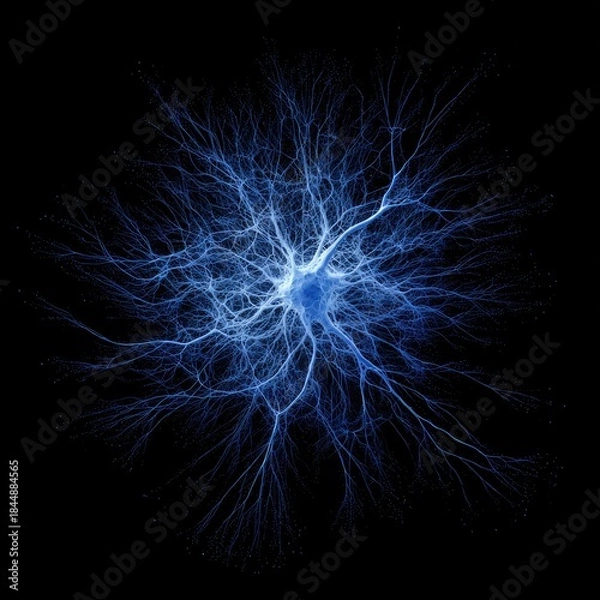 Obraz A blue neuronlike structure with branching tendrils on a black background