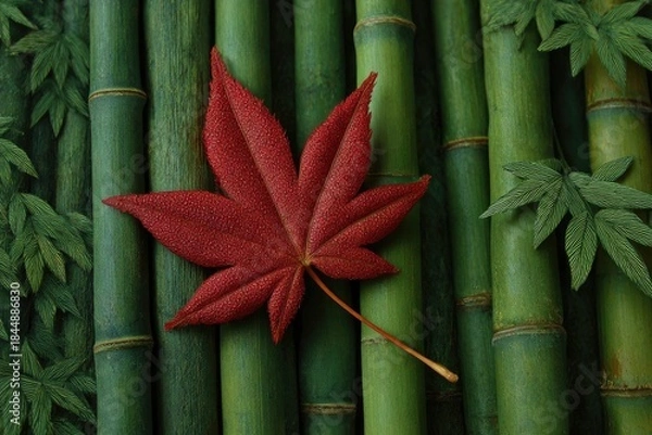Obraz A red maple leaf sits atop a bamboo stalk Green leaves fill the corners