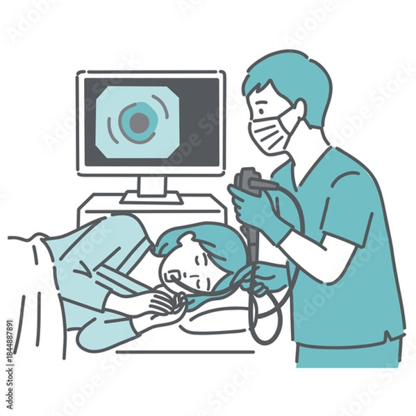 Obraz 胃カメラ検査（経口内視鏡）を受ける女性と医師のイラスト