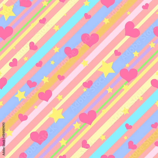 Fototapeta Bright seamless pattern with colorful stripes, stars and hearts for girls