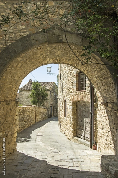 Fototapeta Stone archway and buildings in the ancient town of Vertine, in Tuscany, Italy