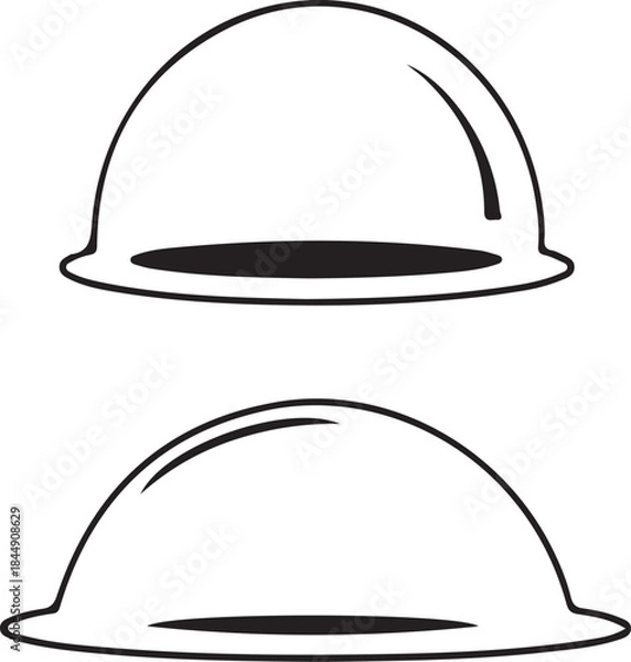 Fototapeta Two identical, simple, black and white, dome-shaped head protection helmets with a clean transparent background, representing safety equipment