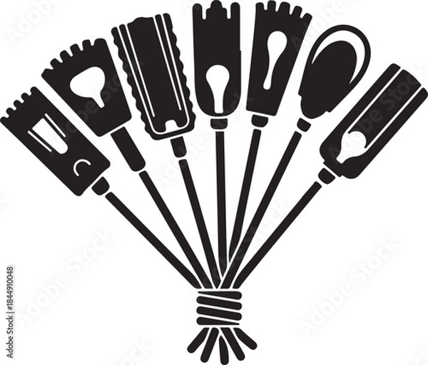 Fototapeta Diverse set of tools for cleaning and maintenance, presented in a stylized silhouette vector design on a transparent background