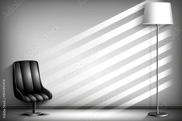 Fototapeta black chair and white floor lamp in striped gray background with dynamic light rays for interior decor