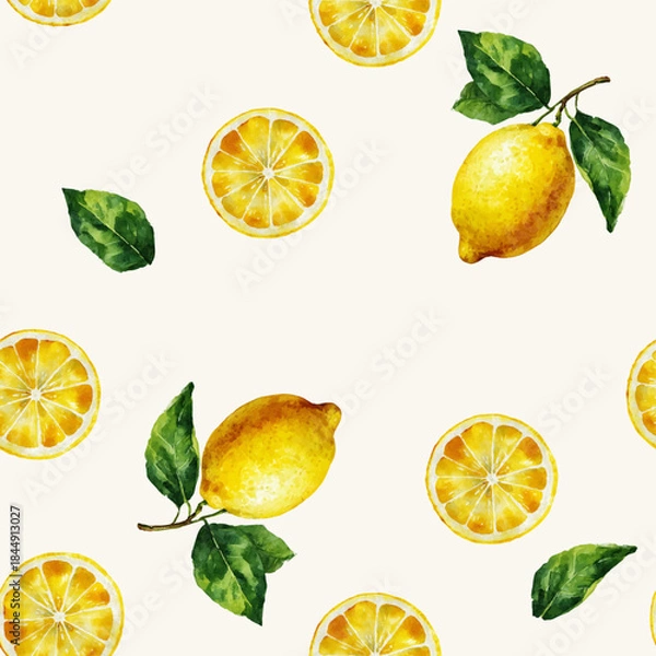 Obraz 手描き水彩風レモンのシームレスパターン