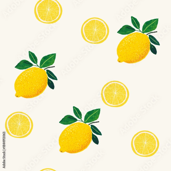 Obraz ミニマムな手描きレモンと輪切りレモンのシームレス背景パターン